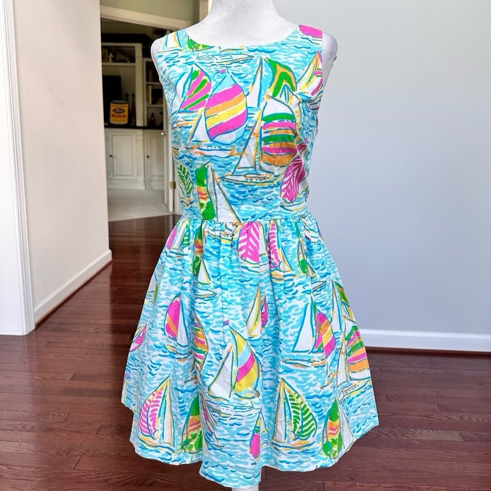 sparrow Turquoise Sailboat Print Mini Dress with Pink, Green & Yellow Accents